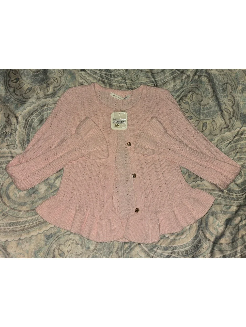 NWT Altar'd State Pink Pointelle Ruffle Bell Sleeve Cardigan Flower Buttons XS